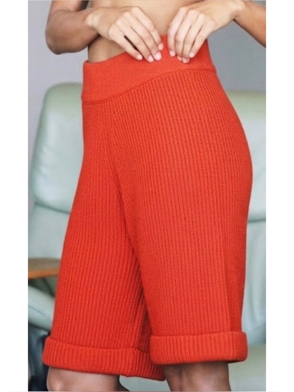 Free People Pacha Chunky Ribbed Knit High Rise Sweater Shorts Red-Orange  *Flaw*